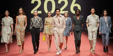 Models on a runway showcasing a blend of iconic fashion eras and modern styles, predicting 2026 trends.