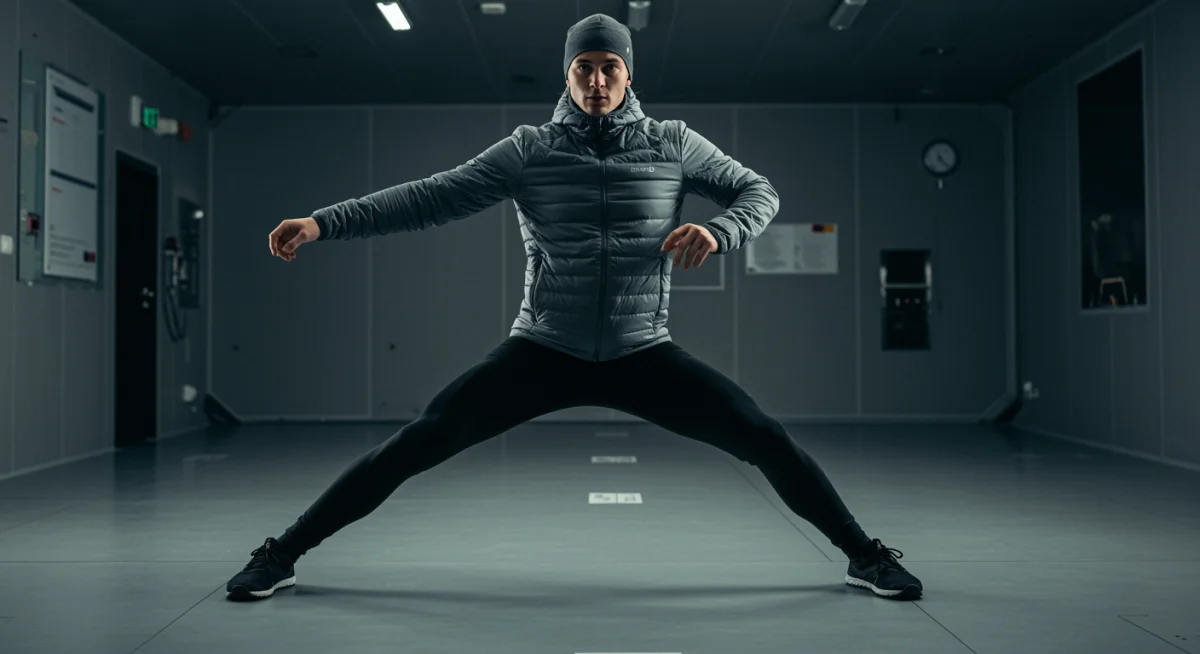Person testing insulated base and mid-layers indoors