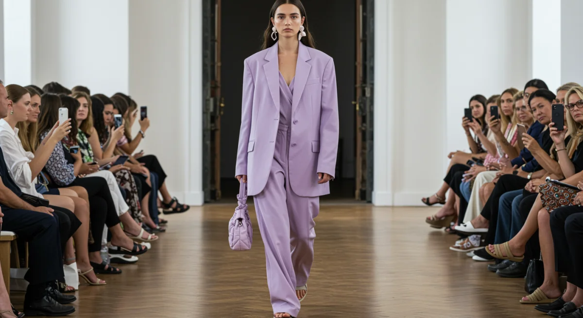 Model in soft lavender oversized blazer and wide-leg trousers