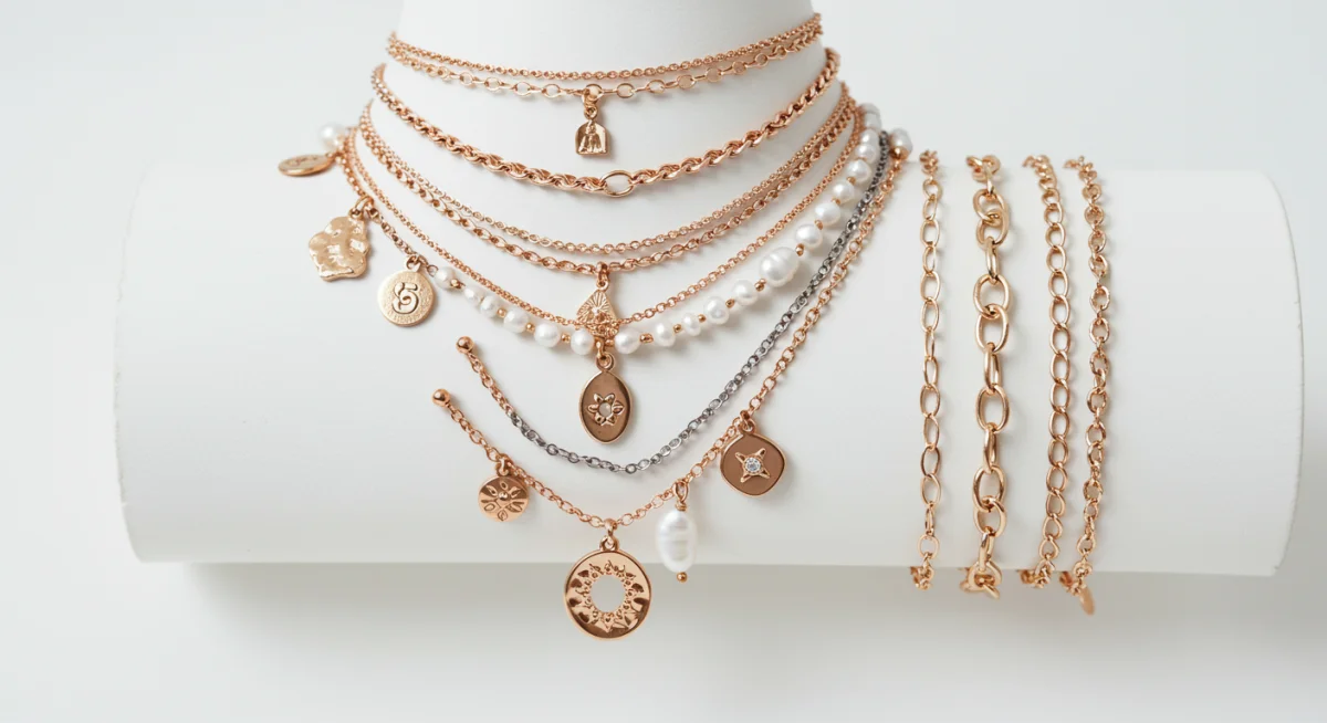 Close-up of layered necklaces and bracelets, showcasing modern jewelry trends.