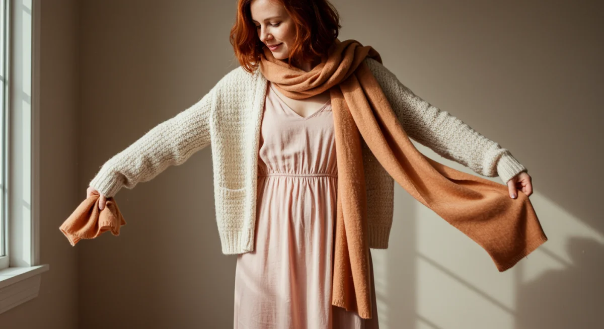 Person layering clothes for transitional weather, demonstrating versatile styling.