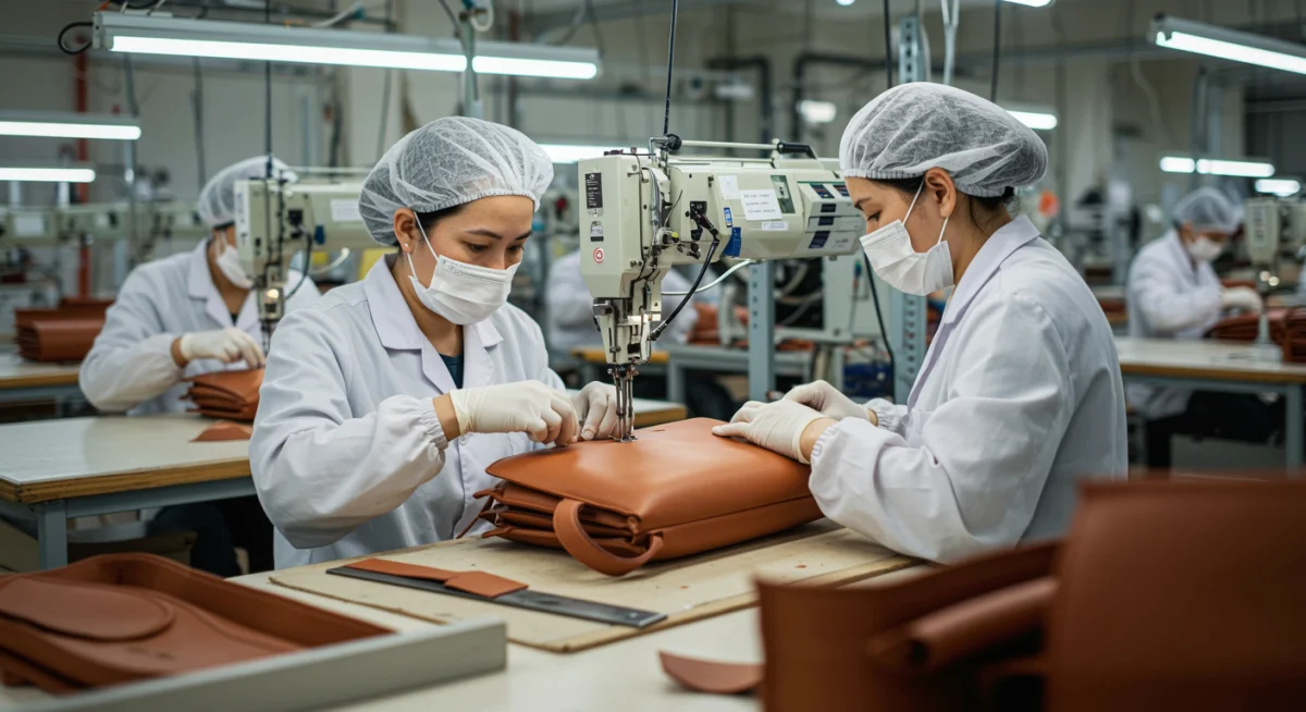 Artisans crafting luxury goods in a Designer Brand C factory