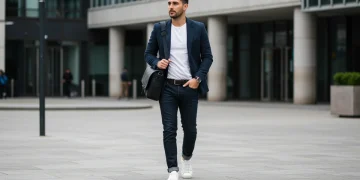Man wearing classic wardrobe essentials in urban setting