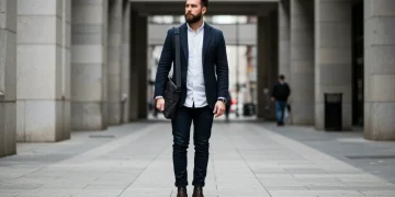 Modern man in navy blazer and jeans, embodying essential 2026 style in a US city