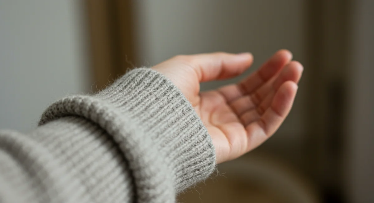 Hand touching soft, high-quality merino wool sweater