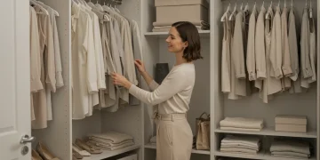 Woman smiling at her organized and minimalist capsule wardrobe