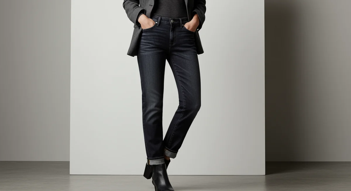 Model in dark-wash straight-leg jeans and a blazer.