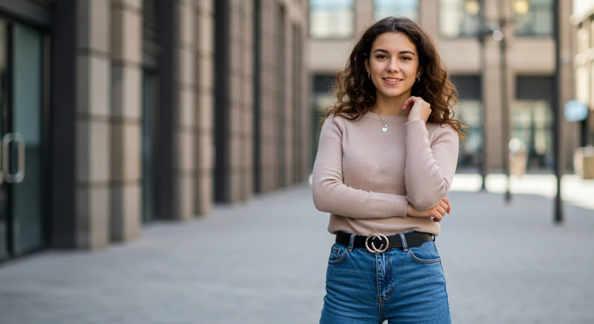 Woman confidently modeling newly tested fashion apparel