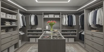 Modern organized walk-in closet with clear dividers and color-coordinated clothes