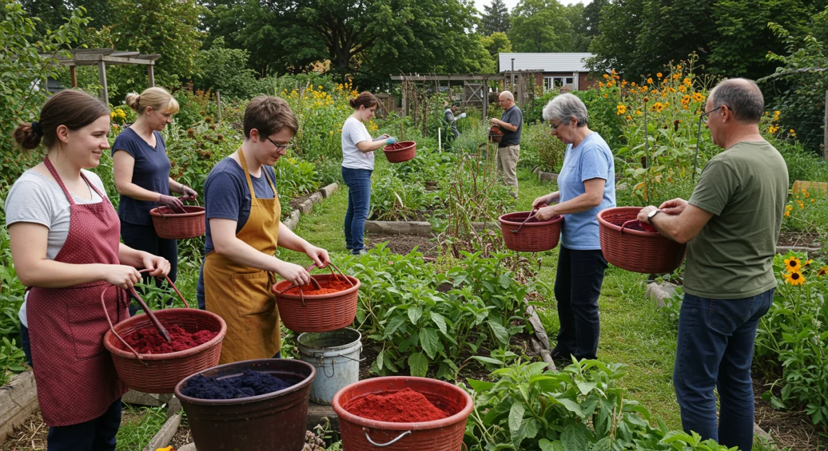 People harvesting plants for natural dyes in a community garden