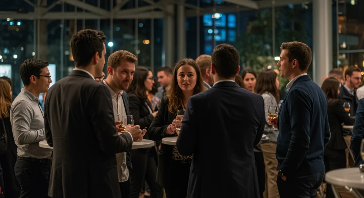 Professionals networking in versatile evening wear
