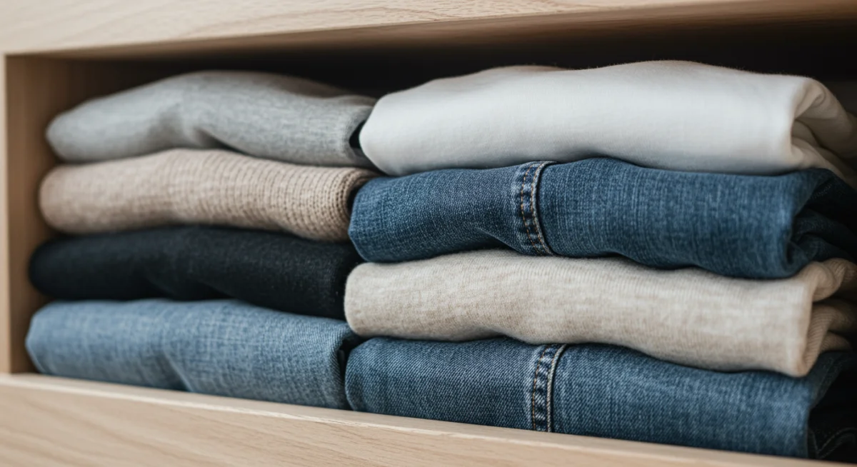 Neatly folded neutral clothing items for capsule wardrobe