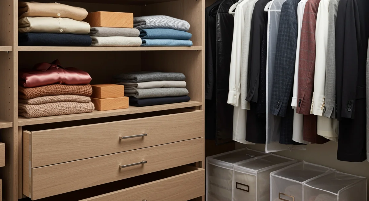 Well-organized closet with clothes, cedar blocks, and garment bags