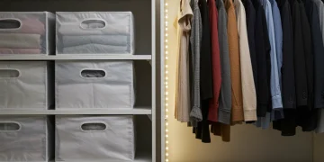 Organized closet with packed seasonal clothes and accessible current wear.