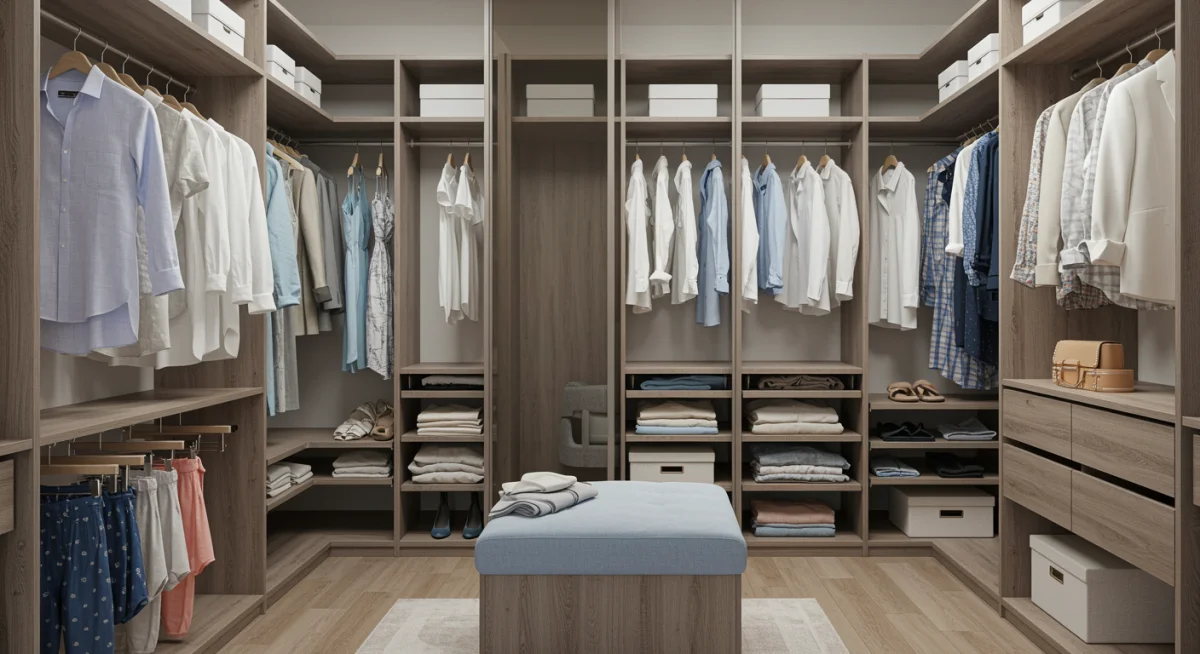 Organized closet with clothes for different seasons, showcasing effective wardrobe management.