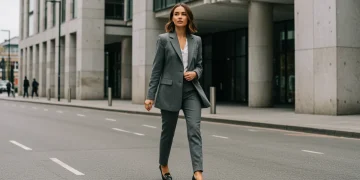 Woman in perfectly tailored outfit exuding confidence in urban setting