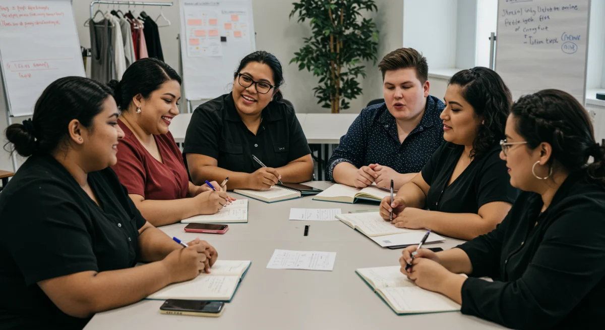 Plus-size focus group discussing clothing fit and comfort, actively sharing feedback.