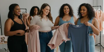 Diverse plus-size women confidently trying on new clothing, smiling and interacting with fashion items.