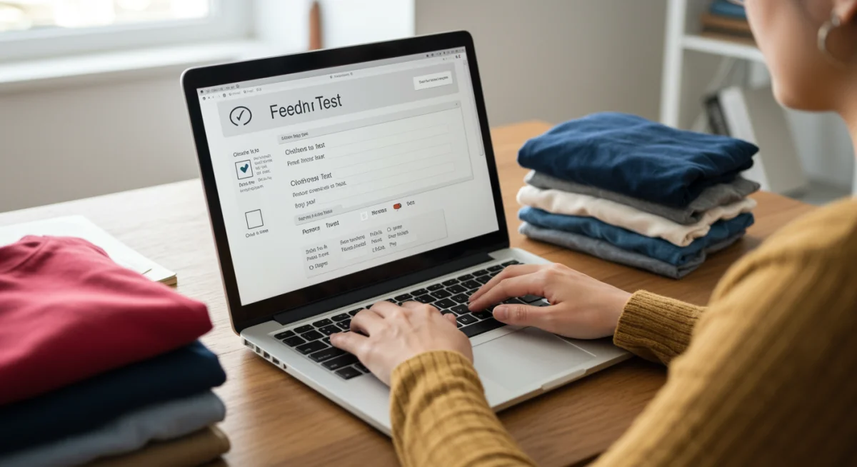 Person typing on laptop, reviewing clothing items for feedback.