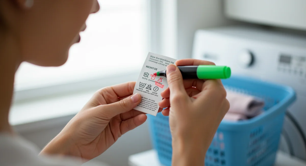 Person examining clothing care label for washing instructions.