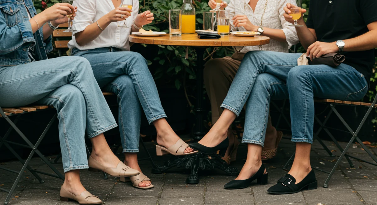 Friends in smart casual outfits enjoying an outdoor brunch, highlighting relaxed yet stylish weekend wear.