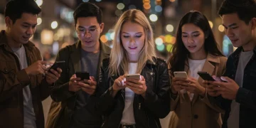 Young people engaging with fashion content on social media, reflecting digital trend influence.