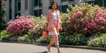 Woman in stylish 2026 spring outfit, mixing patterns and textures.