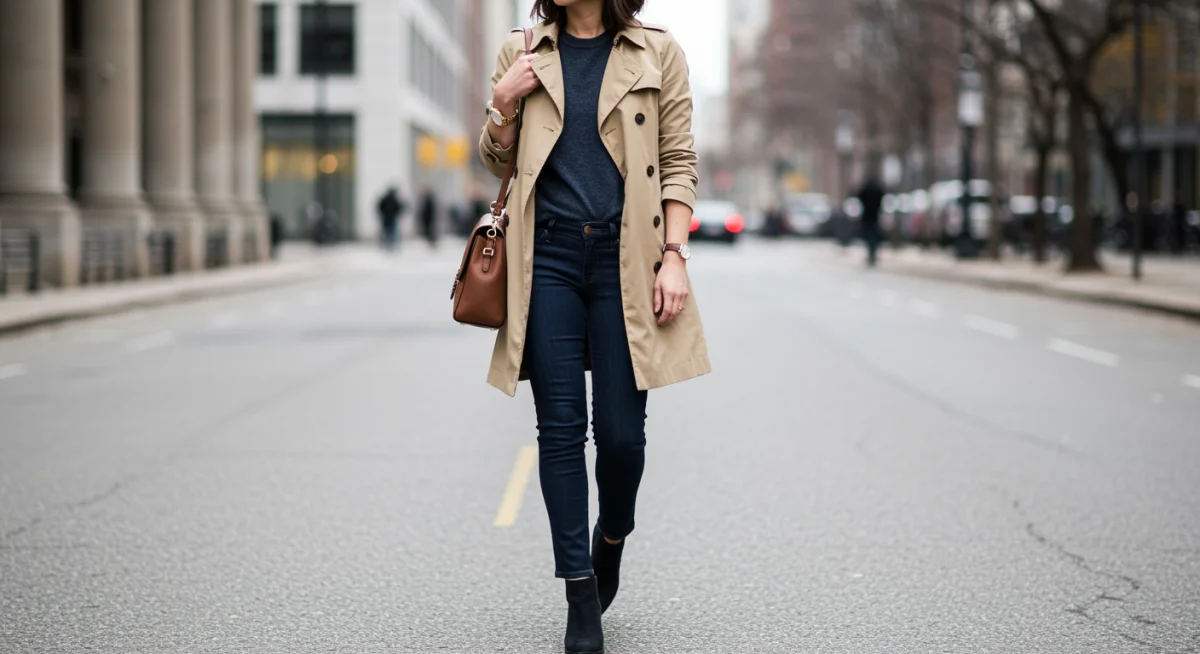 Stylish woman demonstrating an outfit built from capsule wardrobe items