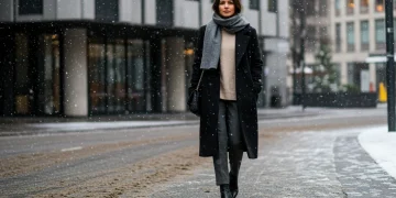 Woman in stylish oversized wool coat and cashmere sweater for winter 2026