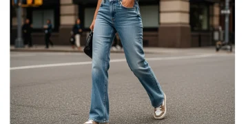 Stylish woman in light-wash wide-leg jeans on a city street.