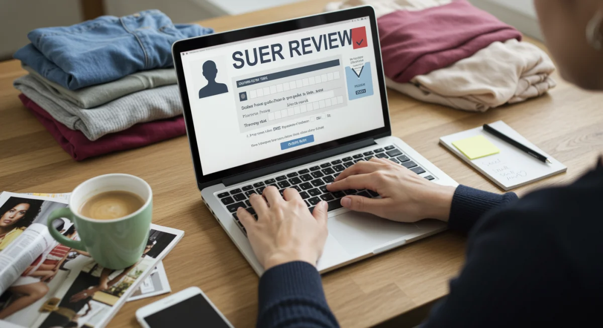 Person submitting a detailed clothing test review on a laptop.