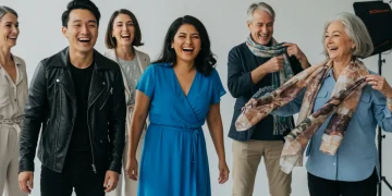 Diverse group happily trying on new clothes in a bright studio for a product test.