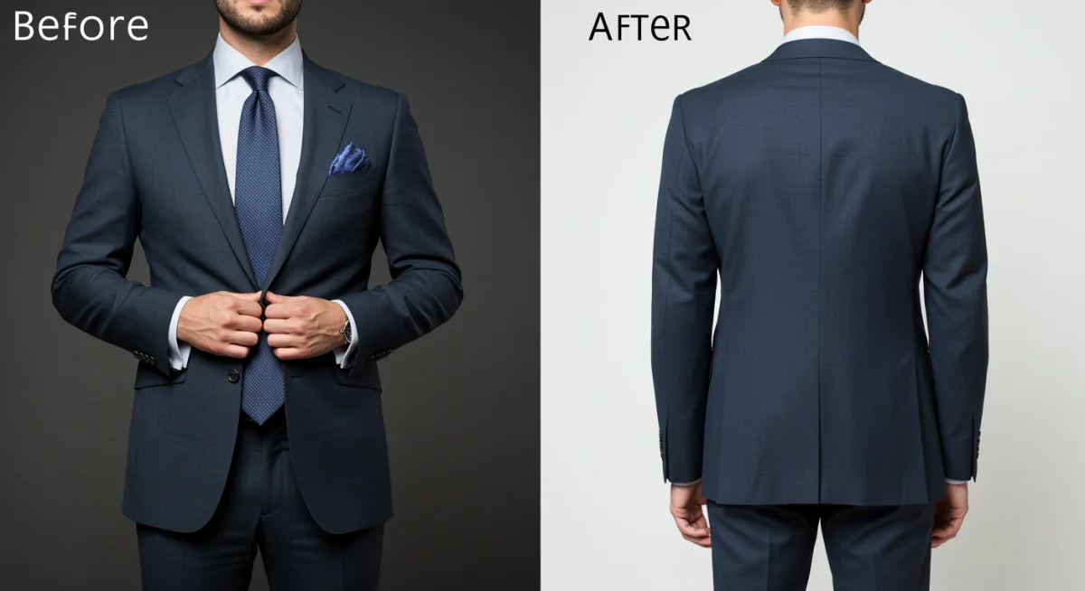 Before and after comparison of an ill-fitting versus perfectly tailored suit
