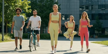Summer 2026 athleisure trends in an urban park setting