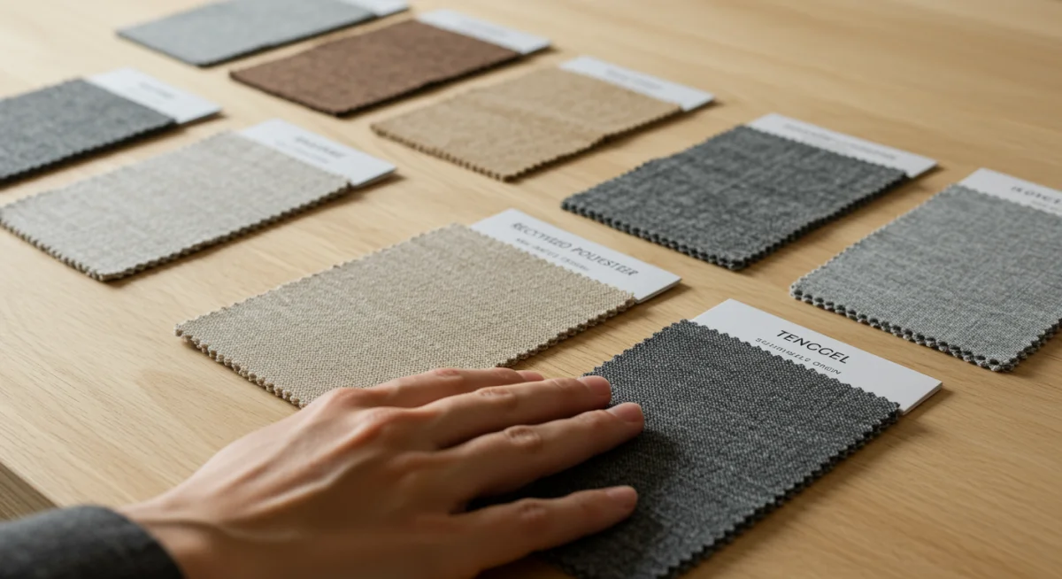 Assortment of sustainable fabric swatches with labels