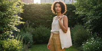 Young woman in sustainable fashion outfit in urban garden