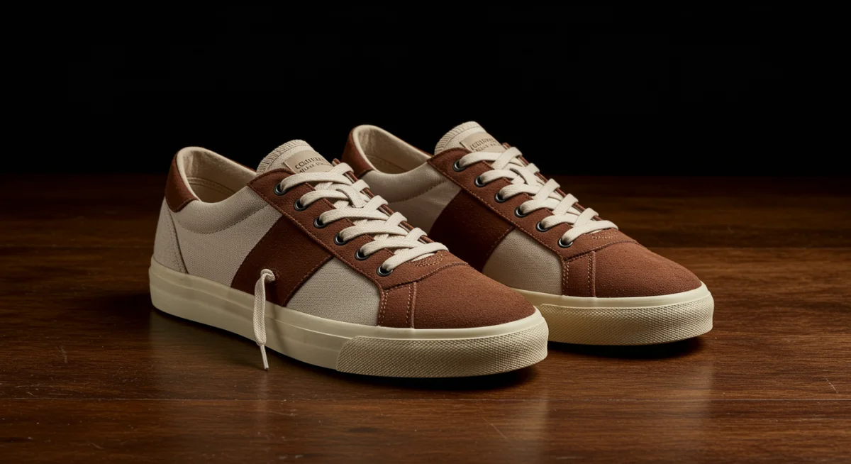 Sustainable minimalist sneakers made from recycled materials, presented on a wooden surface.