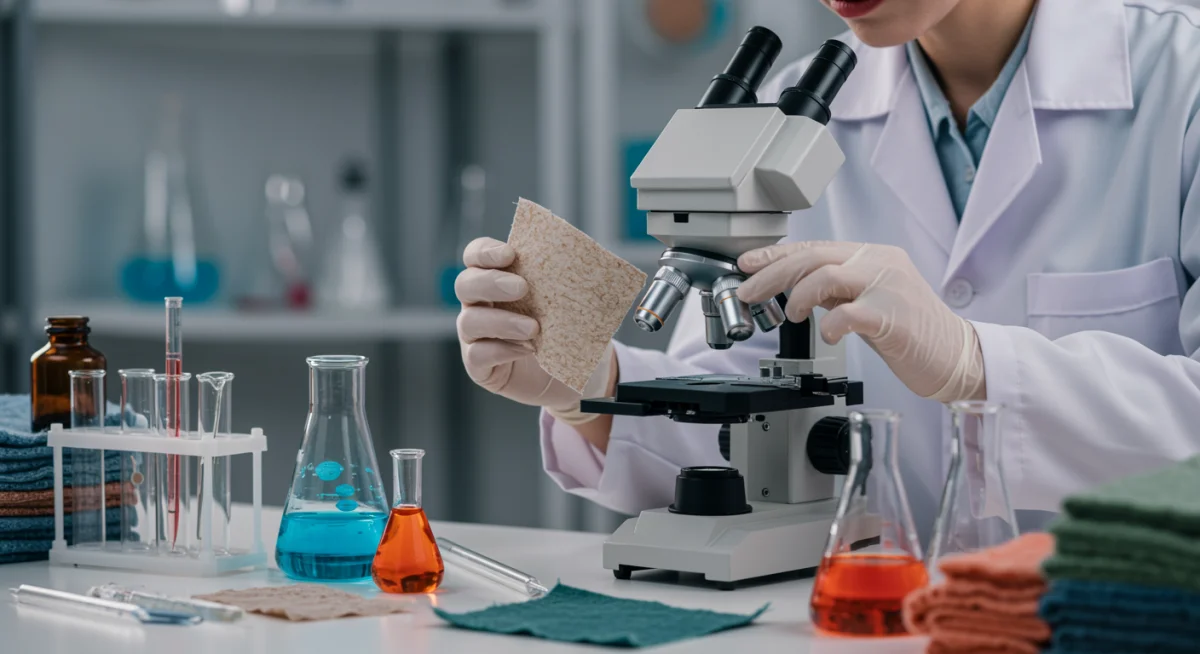 Scientist examining sustainable textile sample in a lab.