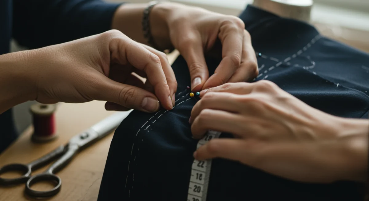 Tailor's hands precisely adjusting clothing with pins and tape