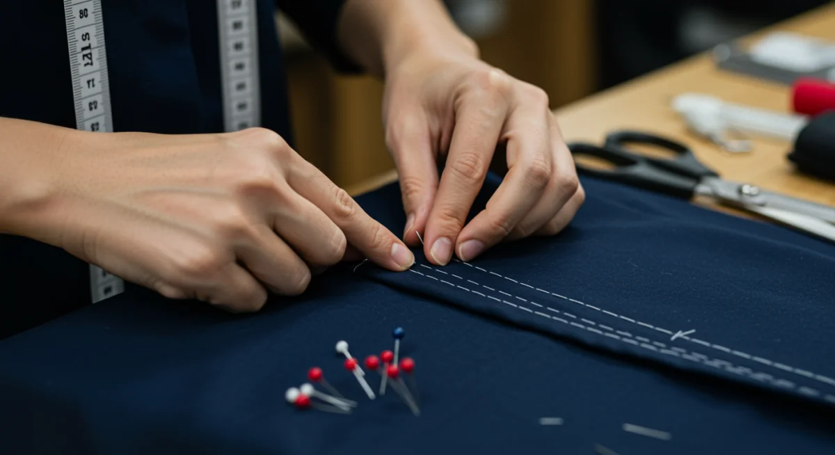 Tailor's hands precisely altering a garment, demonstrating expert craftsmanship.