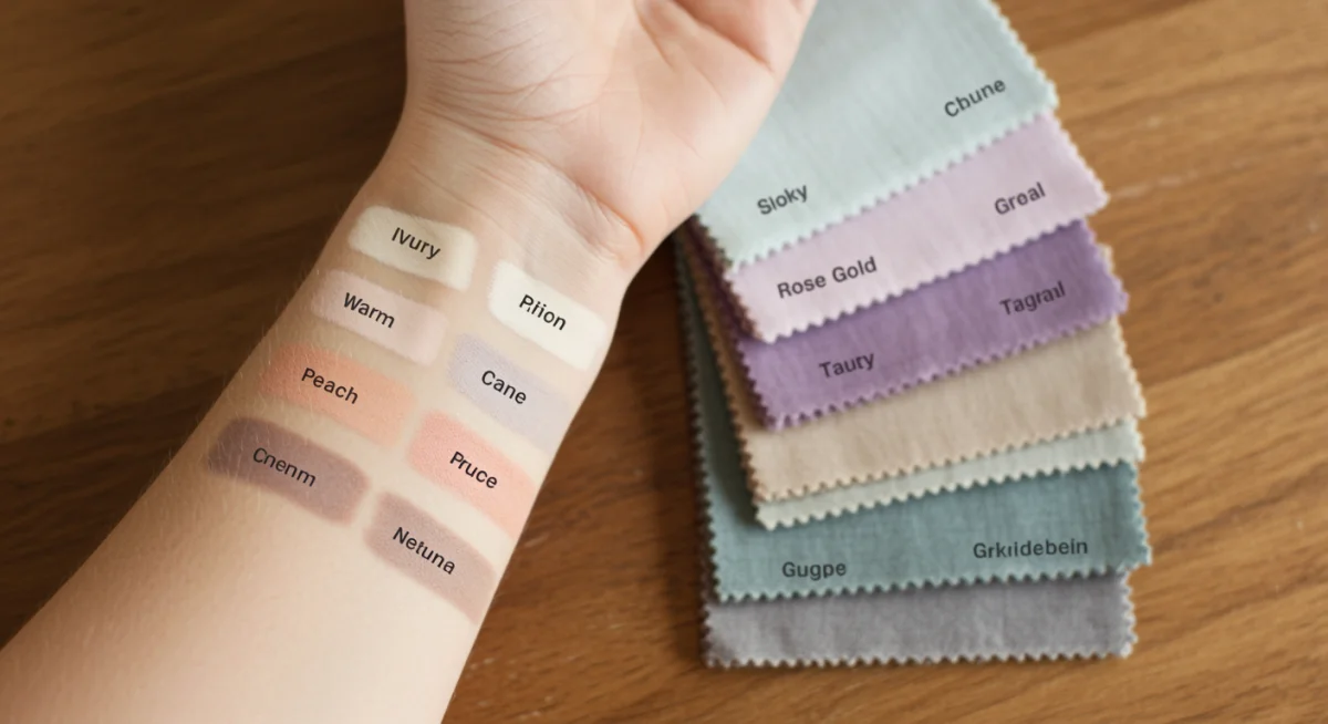 Testing fabric swatches against skin to identify undertone for wardrobe color selection.