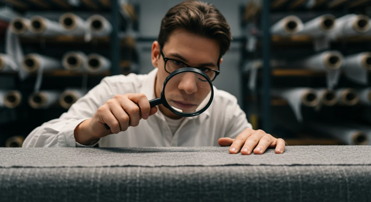 Textile expert examining fabric weave with a magnifying glass