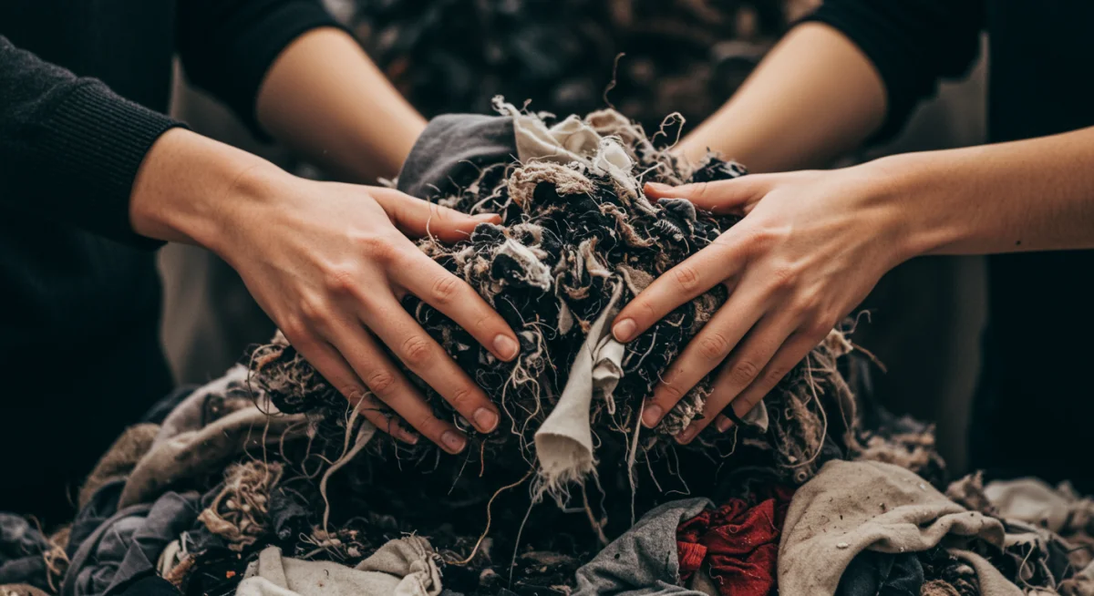 Hands sorting through discarded textile waste for recycling in a factory setting.