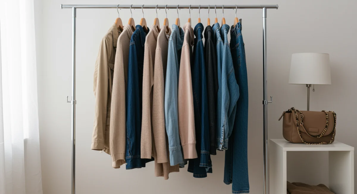 Transitional capsule wardrobe with versatile layers on a clothing rack.