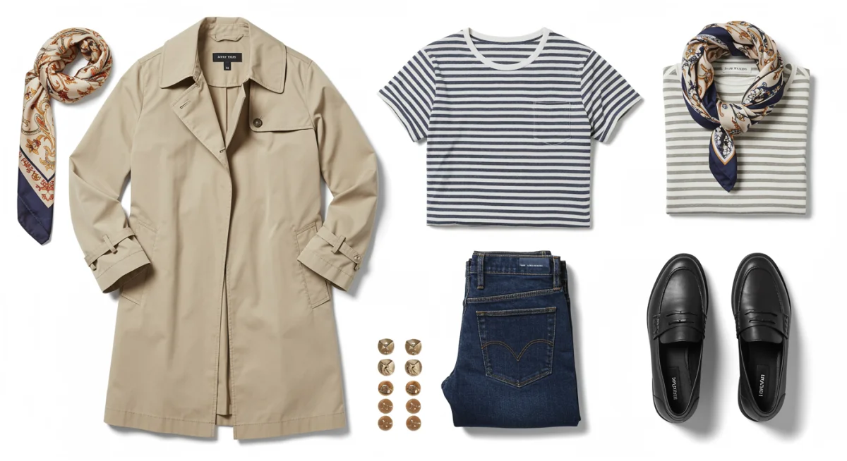 Flat lay of essential transitional wardrobe pieces for fall