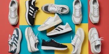 Diverse collection of trending sneaker styles on an urban background, showcasing popular footwear for the year.