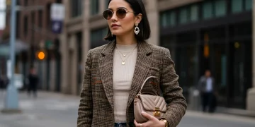 Woman demonstrating exquisite accessorizing with modern jewelry and handbag in a city street.