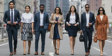 Diverse individuals confidently showcasing various dress codes in a modern US city setting, updated for 2026 fashion trends.