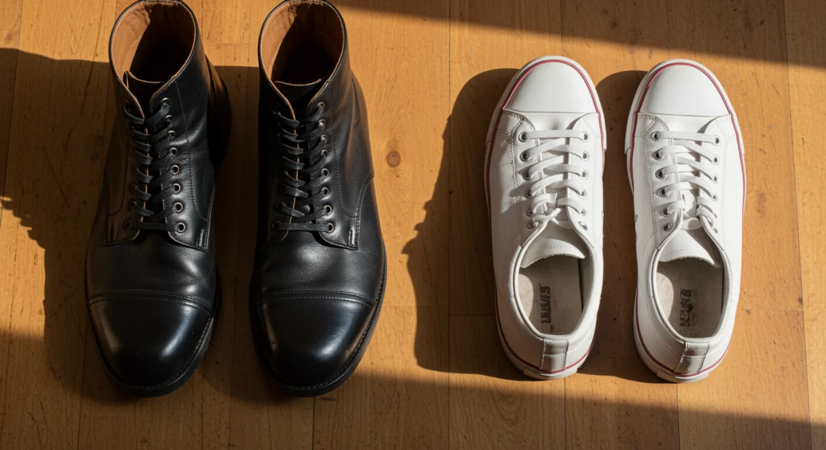Versatile leather boots and white sneakers