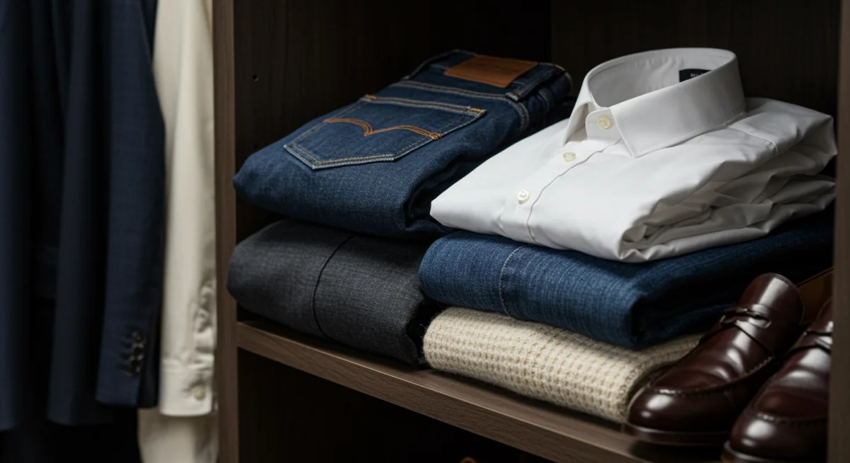 Organized men's wardrobe featuring versatile clothing essentials for 2026
